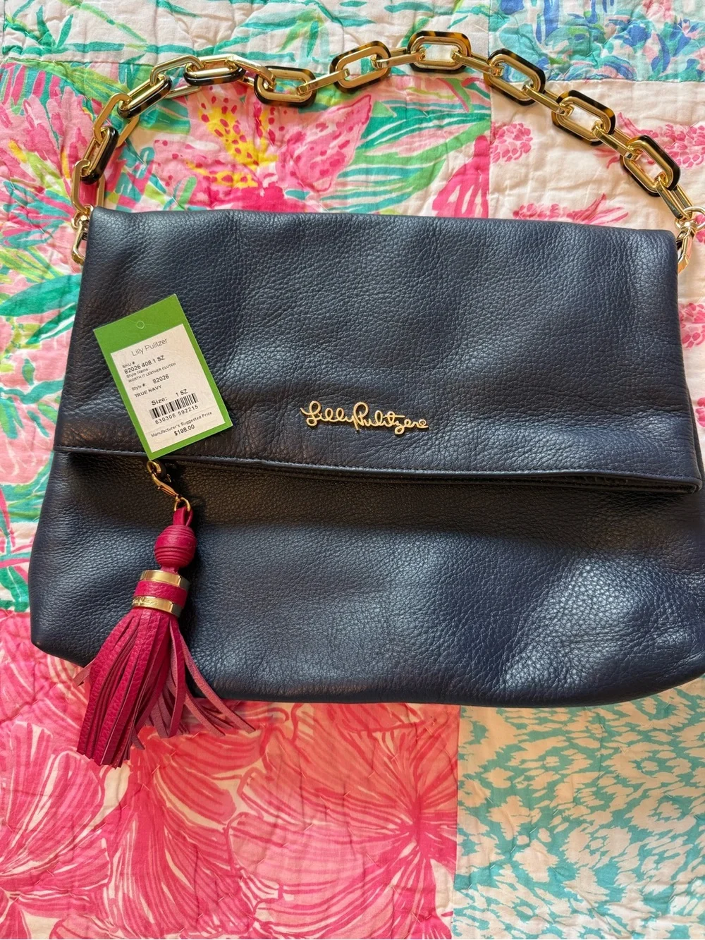 NWT Lilly Pulitzer Navy Leather Shoulder Bag with Pink Tassel